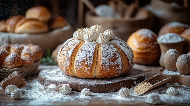 Artisan pumpkin-shaped bread, dusted with powdered sugar and topped with whipped cream - Powered by Adobe