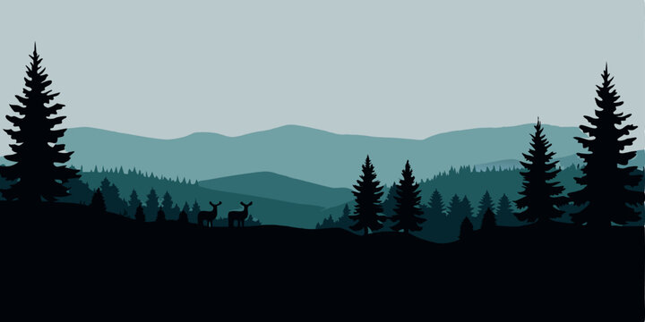 Vector landscape featuring blue mountains, forest, and silhouettes of trees and wild deer.