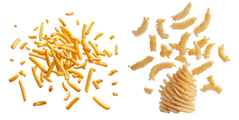 Lots of flying ribbed french fire on a Transparent Background