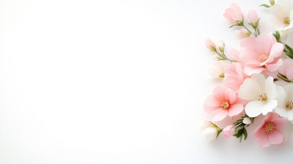 Pink and White Blossoms Delicate Floral Arrangement High-resolution Soft Lighting Landscape Wide Shot Subtle Textures Springtime Theme White Background Soft Pastel Hues Ideal for Wedding Invitations