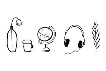 Cute illustration doodles, flower, cup, headphone
