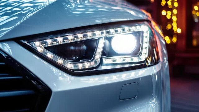 Close-up shot of a car's headlights at night.