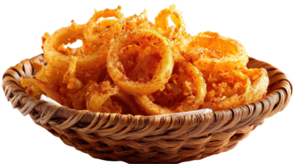 Golden crispy onion rings served in a rustic woven basket. transparent background