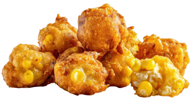 Delicious golden corn fritters stacked together for a tasty snack. transparent background