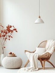 Cozy interior with a woven chair throw and cushions against a white wall. A decorative vase and ottoman complete the scene.