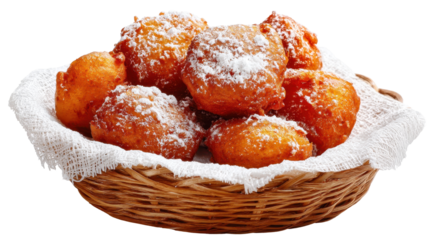 Delicious homemade fried dough balls topped with powdered sugar. transparent background
