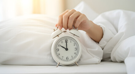Person Turns Off White Alarm Clock While Lying on White Bed in the Morning