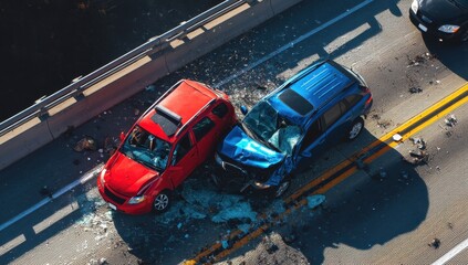 Aerial View of a Two-Car Collision on a Bridge