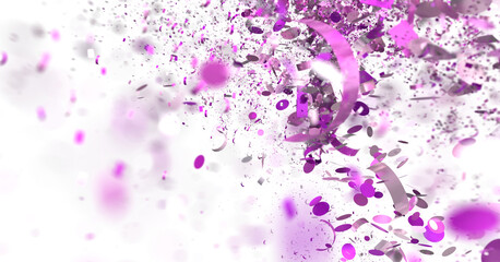 High-resolution image of purple confetti exploding on white background. Perfect for celebration, party, or festive desig