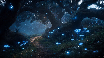 Mystical Forest Path at Night with Glowing Flora
