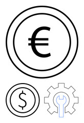 Euro inside a circle, dollar inside a smaller circle, gear with a wrench representing currency, finance, technical solutions, economy, business, commerce strategy. Ideal for fintech services global