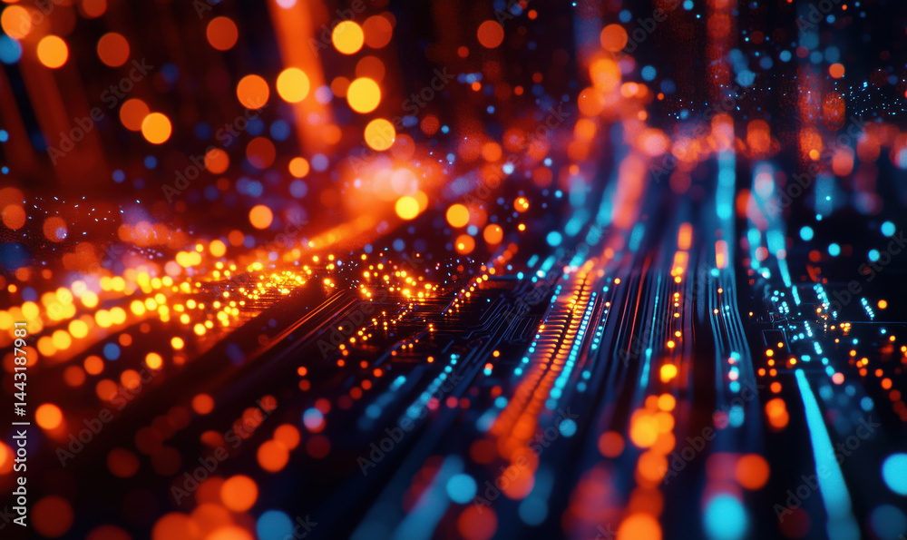 Poster abstract digital background with glowing particles and circuit patterns in blue and orange.