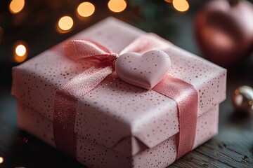 Elegantly wrapped gift box with blush pink paper, silky ribbon, heart-shaped tag, and soft ambient light, evoking romance and excitement.