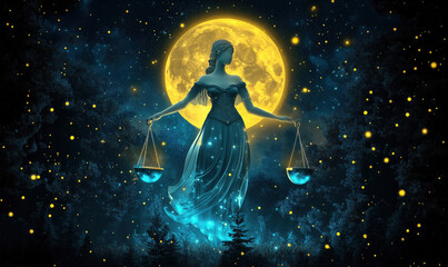 Fototapeta premium Lady Justice holding scales under a glowing full moon in a starry night sky.