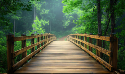 Obraz premium Wooden bridge leading into lush green forest with misty atmosphere.