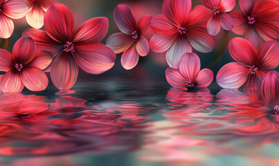 Obraz premium Vibrant pink flowers reflecting on tranquil water surface in serene environment.