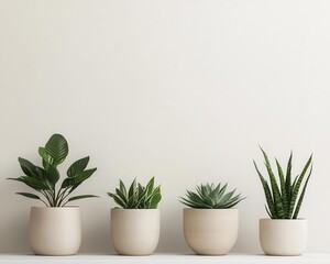 Obraz premium Perfectly balanced composition of three potted plants in neutral ceramic containers