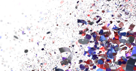 Red, blue, silver confetti burst. Festive background for celebrations, parties, events.