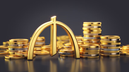 Azerbaijani manat symbol with coin stacks, financial wealth concept