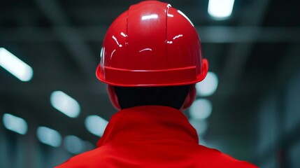 Safety worker in red hard hat and jacket walking through industrial facility during daytime with modern lighting