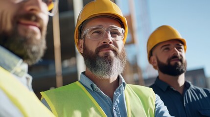 Construction workers in hard hats observing project progress on a sunny day at a work site