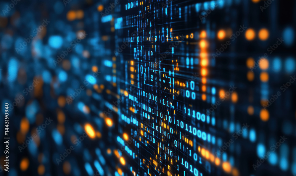 Poster digital data stream with binary code and glowing elements in blue and orange hues.
