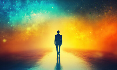 Obraz premium Silhouette of a man walking towards a vibrant cosmic horizon with colorful nebulae.