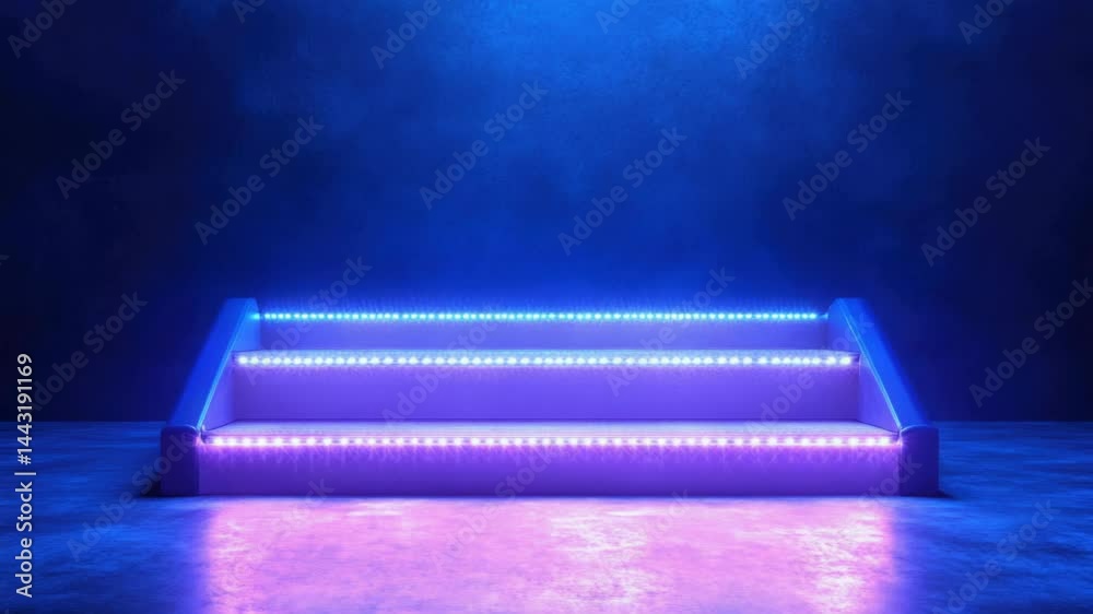 Poster a set of stairs illuminated by blue lights, suitable for use in interior design or event decoration.