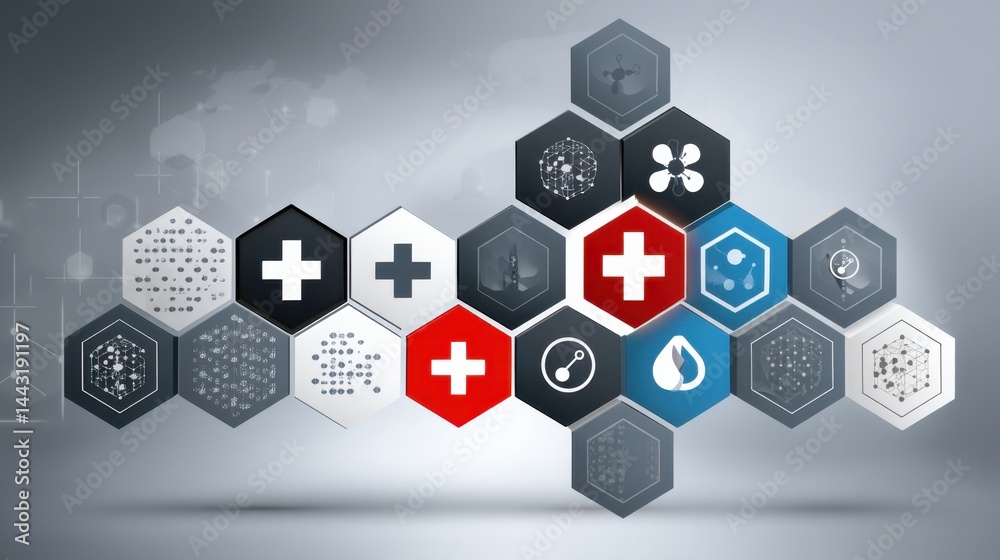 Wall mural abstract hexagon medical technology background with plus symbols and data patterns. grey, blue, red 