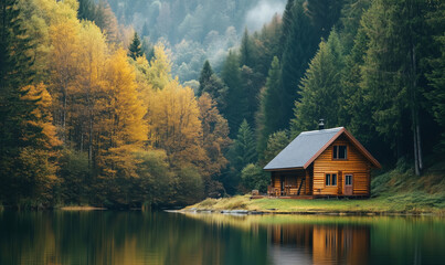 Obraz premium Serene log cabin by tranquil lake surrounded by autumn foliage and evergreen trees.