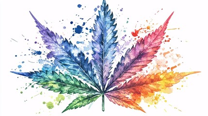 abstract illustration of a cannabis leaf with rainbow watercolor splashes, blending organic shapes with artistic freedom. Soft edges, fluid colors, and a hand-painted aesthetic. abstract cannabis, 