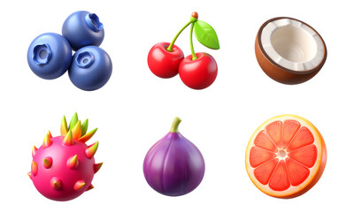 blueberry, cherry, coconut, dragon fruit, fig, grapefruit, set of 3D Icons &ndash; Glossy Minimal Emoji Style, Isolated PNG
