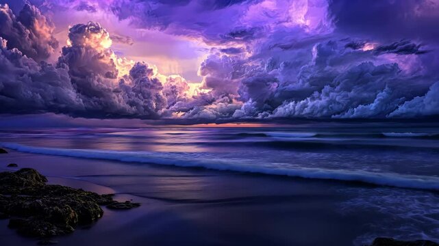 Dramatic purple sunset over ocean waves with majestic cloudscape