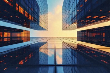 Skyscrapers rise towards clear sky in financial district


