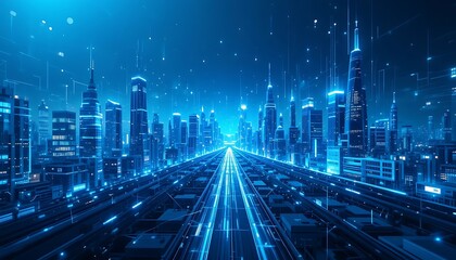 Fototapeta premium Futuristic Cityscape with Glowing Lines and Buildings