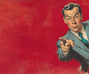 a 1950s advertising illustration of a man pointing on red background, room for text