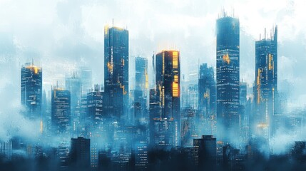 Fototapeta premium Futuristic city skyline shrouded in mist