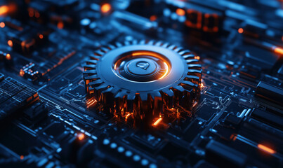 Futuristic circuit board with glowing gear and intricate electronic components.