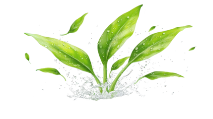 Dynamic splash, vibrant green leaf encounters water on a deep black backdrop green