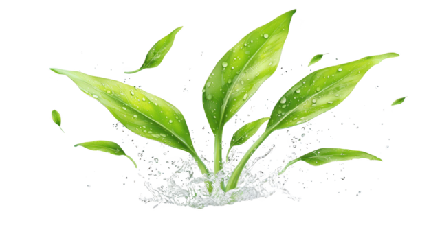 Dynamic splash, vibrant green leaf encounters water on a deep black backdrop green