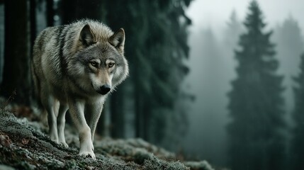 Obraz premium Grey wolf strolls through a misty forest landscape.