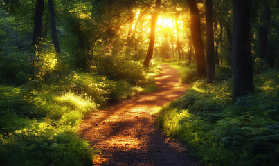 Fototapeta premium Serene forest path illuminated by golden sunlight through trees in tranquil nature setting.