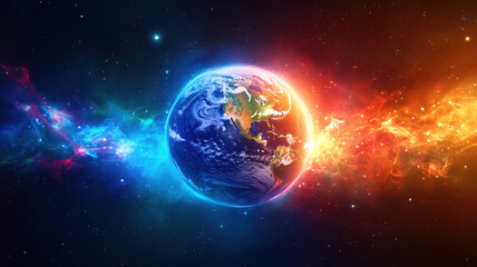 Obraz premium Stunning view of Earth surrounded by vibrant cosmic colors and space elements.