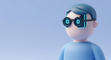3d cute cartoon illustration, digital head artificial intelligence concept, subject on the left side looking towards the right with a blank space for copy.