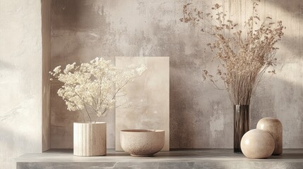 Fototapeta premium Serene Minimalist Home Decor: Dried Flowers, Neutral Tones, and Textured Vessels