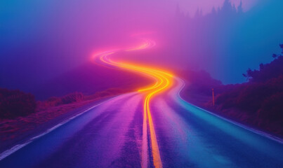 Fototapeta premium Winding road illuminated by vibrant neon lights in foggy landscape.