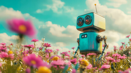 Vintage robot exploring a field of cosmos flowers under a sunny sky