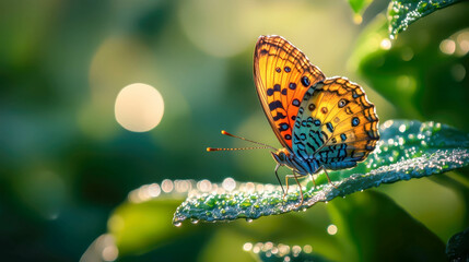 Colorful butterfly resting on dewy leaf in morning sunlight