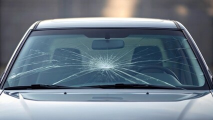 Obraz premium Damaged car windshield with a large crack front view automotive incident