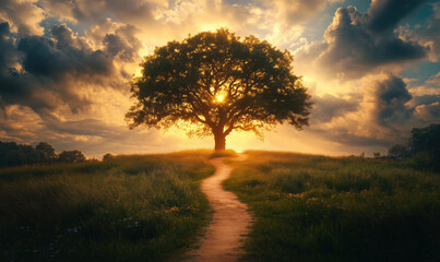 Majestic tree silhouette against vibrant sunset sky with winding path.